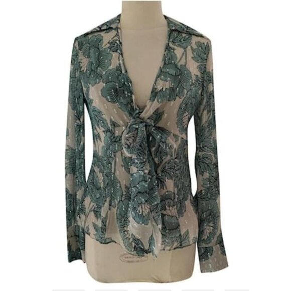 Womens Green Floral Tie Front Blouse Chinoiserie Swiss Dot Long Sleeve Top - Picture 1 of 3